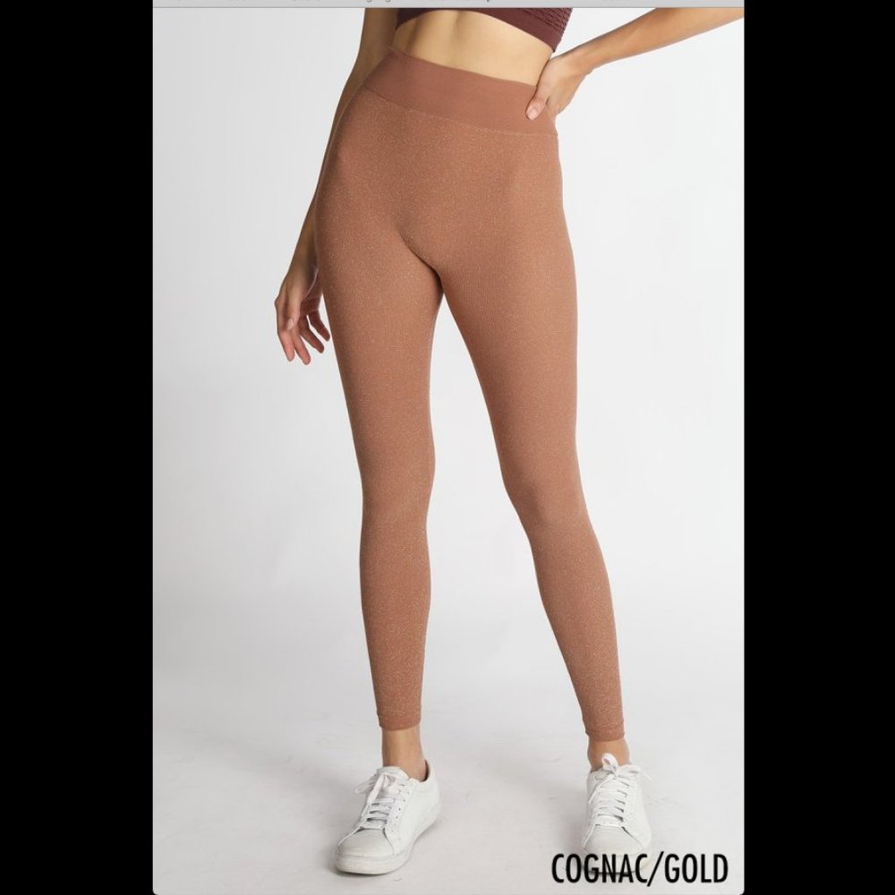 Amazing Cognac and Gold Demure Glitter Sparkle Leggings by Nikibiki